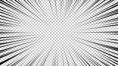 Şeffaf arkaplanda siyah çizgileri olan çizgi roman sayfası. Patlama ışınları desenli şablon dokuyu etkiler. Vektör illüstrasyonu