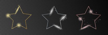 Üç adet altın, gümüş ve gül rengi parıldayan yıldız şeklindeki çerçeve koyu şeffaf arkaplanda izole edilmiş. Parlak efektli parlak bir çerçeve. Vektör illüstrasyonu
