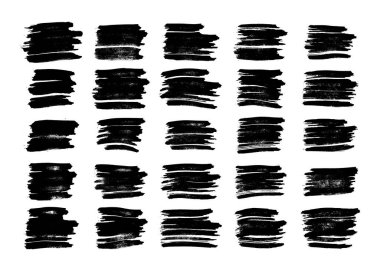 Büyük siyah fırça darbeleri. Beyaz arka planda elle çizilmiş mürekkep lekeleri var. Vektör illüstrasyonu