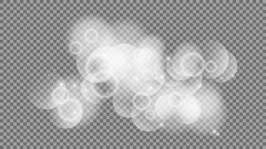 Bokeh şeffaf arkaplanda daireler çiziyor. Beyaz parlayan toz, parlayan ışıltı ve bokeh ışıkları. Vektör illüstrasyonu