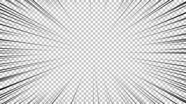 Şeffaf arkaplanda siyah çizgileri olan çizgi roman sayfası. Patlama ışınları desenli şablon dokuyu etkiler. Vektör illüstrasyonu