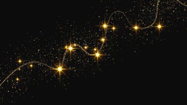 Altın parıldayan konfeti dalgası ve yıldız tozu. Koyu arkaplanda altın sihirli parıltılarla arka plan. Vektör illüstrasyonu