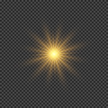 Lens fişeklerinin ışık etkisi. Şeffaf arkaplanda parıldayan turuncu ışıklar yıldız patlaması efektleri. Vektör illüstrasyonu