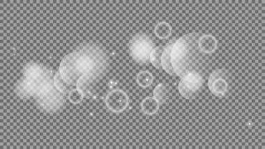 Bokeh şeffaf arkaplanda daireler çiziyor. Beyaz parlayan toz, parlayan ışıltı ve bokeh ışıkları. Vektör illüstrasyonu