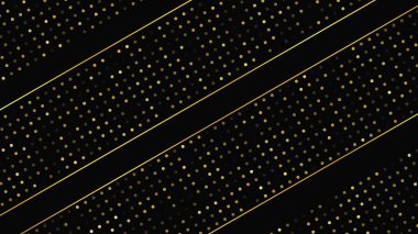 Soyut altın çizgileri ve parlak noktaları olan gösterişli, koyu bir arka plan. Işıldayan pırıltılı arkaplan. Modern şablonlar için şık ve zarif bir tasarım. Vektör illüstrasyonu
