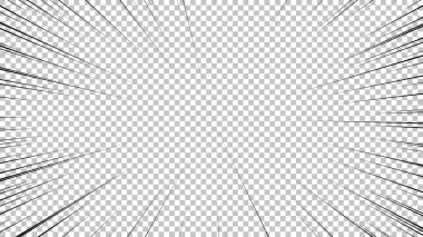 Şeffaf arkaplanda siyah çizgileri olan çizgi roman sayfası. Patlama ışınları desenli şablon dokuyu etkiler. Vektör illüstrasyonu