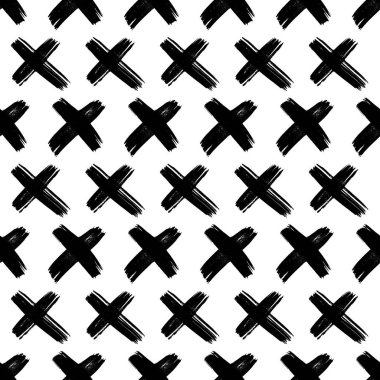 Elle çizilmiş çapraz sembollü kusursuz desen. Beyaz arka planda siyah çizim işareti. Vektör illüstrasyonu