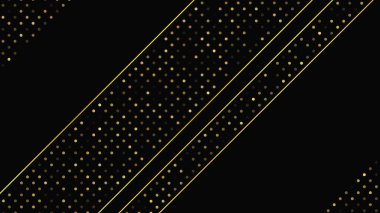 Soyut altın çizgileri ve parlak noktaları olan gösterişli, koyu bir arka plan. Işıldayan pırıltılı arkaplan. Modern şablonlar için şık ve zarif bir tasarım. Vektör illüstrasyonu