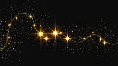Altın parıldayan konfeti dalgası ve yıldız tozu. Koyu arkaplanda altın sihirli parıltılarla arka plan. Vektör illüstrasyonu
