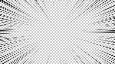 Şeffaf arkaplanda siyah çizgileri olan çizgi roman sayfası. Patlama ışınları desenli şablon dokuyu etkiler. Vektör illüstrasyonu