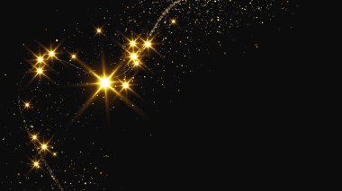 Altın parıldayan konfeti dalgası ve yıldız tozu. Koyu arkaplanda altın sihirli parıltılarla arka plan. Vektör illüstrasyonu