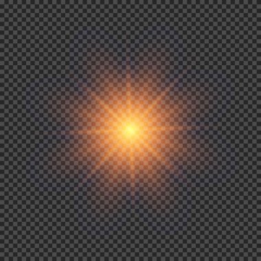 Lens fişeklerinin ışık etkisi. Şeffaf arkaplanda parıldayan turuncu ışıklar yıldız patlaması efektleri. Vektör illüstrasyonu