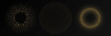 Soyut altın parlayan yarım tonlu noktalı arkaplan. Daire şeklinde üç altın parıltılı desen. Yarım ton noktalarını çember yapın. Vektör illüstrasyonu