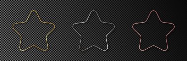 Üç altın, gümüş ve gül sarısı parlayan yuvarlak yıldız çerçeveleri koyu şeffaf arkaplanda izole edildi. Parlak efektli parlak bir çerçeve. Vektör illüstrasyonu
