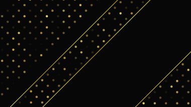 Soyut altın çizgileri ve parlak noktaları olan gösterişli, koyu bir arka plan. Işıldayan pırıltılı arkaplan. Modern şablonlar için şık ve zarif bir tasarım. Vektör illüstrasyonu