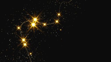 Altın parıldayan konfeti dalgası ve yıldız tozu. Koyu arkaplanda altın sihirli parıltılarla arka plan. Vektör illüstrasyonu