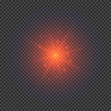Lens fişeklerinin ışık etkisi. Şeffaf bir arka planda parıldayan kırmızı ışıklar yıldız patlaması efektleri. Vektör illüstrasyonu