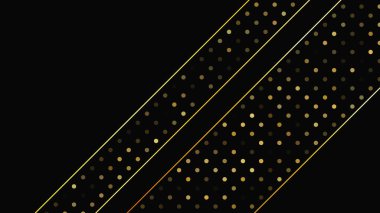 Soyut altın çizgileri ve parlak noktaları olan gösterişli, koyu bir arka plan. Işıldayan pırıltılı arkaplan. Modern şablonlar için şık ve zarif bir tasarım. Vektör illüstrasyonu