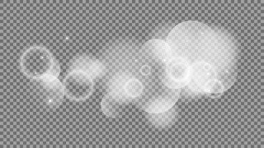 Bokeh şeffaf arkaplanda daireler çiziyor. Beyaz parlayan toz, parlayan ışıltı ve bokeh ışıkları. Vektör illüstrasyonu