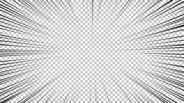 Şeffaf arkaplanda siyah çizgileri olan çizgi roman sayfası. Patlama ışınları desenli şablon dokuyu etkiler. Vektör illüstrasyonu