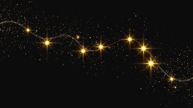 Altın parıldayan konfeti dalgası ve yıldız tozu. Koyu arkaplanda altın sihirli parıltılarla arka plan. Vektör illüstrasyonu