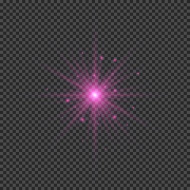 Lens fişeklerinin ışık etkisi. Mor parlak ışık efektleri ve şeffaf bir arka planda parıltılar. Vektör illüstrasyonu