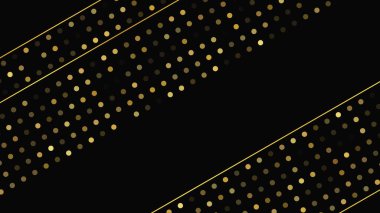 Soyut altın çizgileri ve parlak noktaları olan gösterişli, koyu bir arka plan. Işıldayan pırıltılı arkaplan. Modern şablonlar için şık ve zarif bir tasarım. Vektör illüstrasyonu