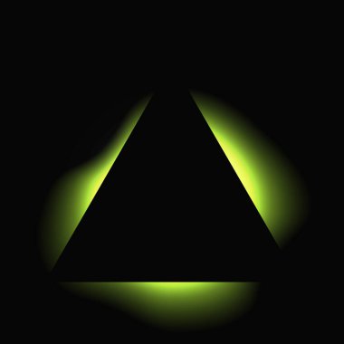 Üçgen çerçeveyi gradyanla aydınlat. Siyah arkaplanda yeşil üçgen neon pankartı var. Vektör illüstrasyonu