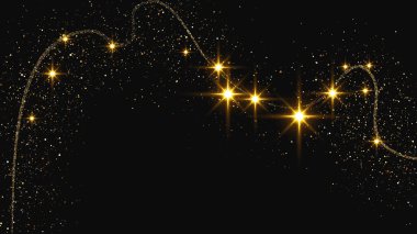 Altın parıldayan konfeti dalgası ve yıldız tozu. Koyu arkaplanda altın sihirli parıltılarla arka plan. Vektör illüstrasyonu