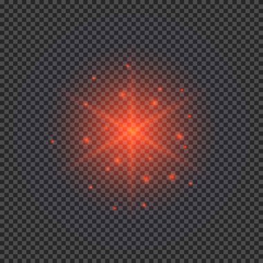 Lens fişeklerinin ışık etkisi. Şeffaf bir arka planda parıldayan kırmızı ışıklar yıldız patlaması efektleri. Vektör illüstrasyonu