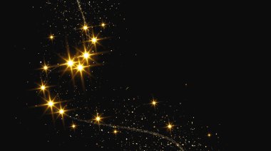 Altın parıldayan konfeti dalgası ve yıldız tozu. Koyu arkaplanda altın sihirli parıltılarla arka plan. Vektör illüstrasyonu
