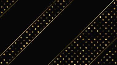 Soyut altın çizgileri ve parlak noktaları olan gösterişli, koyu bir arka plan. Işıldayan pırıltılı arkaplan. Modern şablonlar için şık ve zarif bir tasarım. Vektör illüstrasyonu