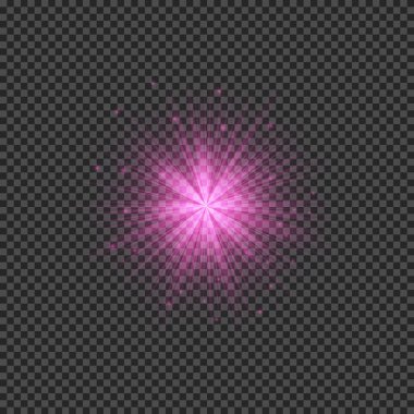 Lens fişeklerinin ışık etkisi. Mor parlak ışık efektleri ve şeffaf bir arka planda parıltılar. Vektör illüstrasyonu