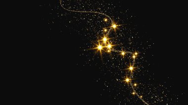 Altın parıldayan konfeti dalgası ve yıldız tozu. Koyu arkaplanda altın sihirli parıltılarla arka plan. Vektör illüstrasyonu