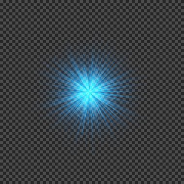Lens fişeklerinin ışık etkisi. Şeffaf bir arka planda parıldayan mavi ışıklar yıldız patlaması efektleri. Vektör illüstrasyonu