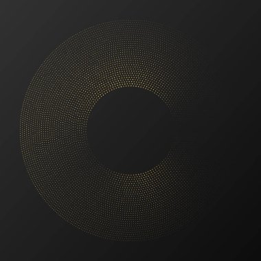 Soyut altın parlayan yarım tonlu noktalı arkaplan. Daire şeklinde altın parıltı deseni. Yarım ton noktalarını çember yapın. Vektör illüstrasyonu