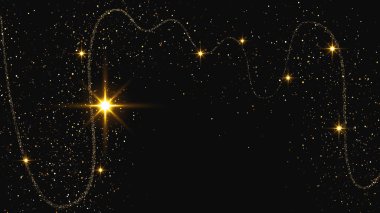 Altın parıldayan konfeti dalgası ve yıldız tozu. Koyu arkaplanda altın sihirli parıltılarla arka plan. Vektör illüstrasyonu