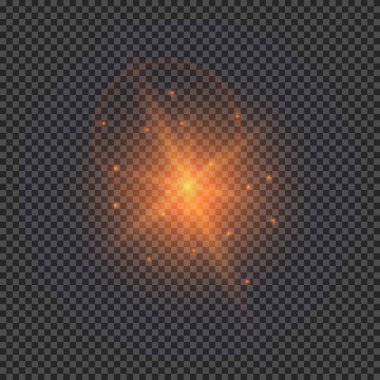 Lens fişeklerinin ışık etkisi. Şeffaf arkaplanda parıldayan turuncu ışıklar yıldız patlaması efektleri. Vektör illüstrasyonu