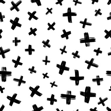 Elle çizilmiş çapraz sembollü kusursuz desen. Beyaz arka planda siyah çizim işareti. Vektör illüstrasyonu