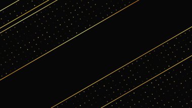 Soyut altın çizgileri ve parlak noktaları olan gösterişli, koyu bir arka plan. Işıldayan pırıltılı arkaplan. Modern şablonlar için şık ve zarif bir tasarım. Vektör illüstrasyonu