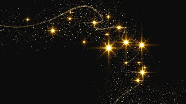 Altın parıldayan konfeti dalgası ve yıldız tozu. Koyu arkaplanda altın sihirli parıltılarla arka plan. Vektör illüstrasyonu