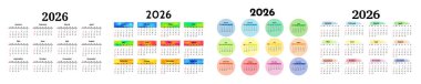 2026 için dört takvim seti beyaz arka planda izole edildi. Pazardan pazartesiye, iş planı. Vektör illüstrasyonu
