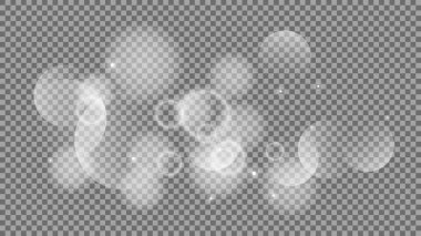 Bokeh şeffaf arkaplanda daireler çiziyor. Beyaz parlayan toz, parlayan ışıltı ve bokeh ışıkları. Vektör illüstrasyonu