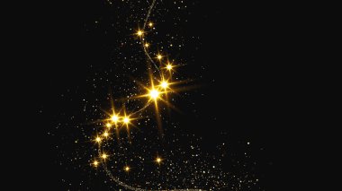 Altın parıldayan konfeti dalgası ve yıldız tozu. Koyu arkaplanda altın sihirli parıltılarla arka plan. Vektör illüstrasyonu