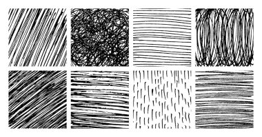 Sekiz adet tek renkli el yapımı çapraz kapak dokusu. Homurdanma ve taslak çizimleri, karalamalar, karalamalar ve çizim tarzı şablonlar. Vektör illüstrasyonu