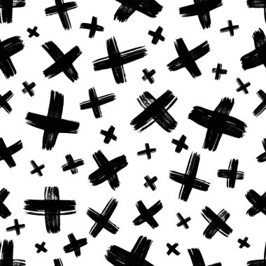 Elle çizilmiş çapraz sembollü kusursuz desen. Beyaz arka planda siyah çizim işareti. Vektör illüstrasyonu