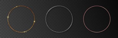 Koyu şeffaf arkaplanda izole edilmiş üç altın, gümüş ve gül sarısı parlayan daire çerçeveler. Parlak efektli parlak bir çerçeve. Vektör illüstrasyonu