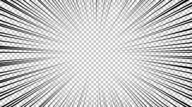 Şeffaf arkaplanda siyah çizgileri olan çizgi roman sayfası. Patlama ışınları desenli şablon dokuyu etkiler. Vektör illüstrasyonu