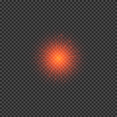 Lens fişeklerinin ışık etkisi. Şeffaf bir arka planda parıldayan kırmızı ışıklar yıldız patlaması efektleri. Vektör illüstrasyonu
