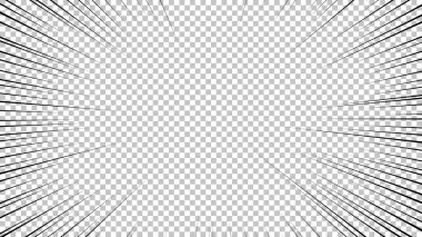 Şeffaf arkaplanda siyah çizgileri olan çizgi roman sayfası. Patlama ışınları desenli şablon dokuyu etkiler. Vektör illüstrasyonu